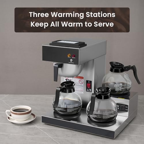 SYBO 12-Cup Commercial Coffee Maker, Pour Over Drip Coffee Maker Brewer with 3 Lower Warmers and 3 Glass Decanters, Stainless Steel Cafetera - My Kitchen Products