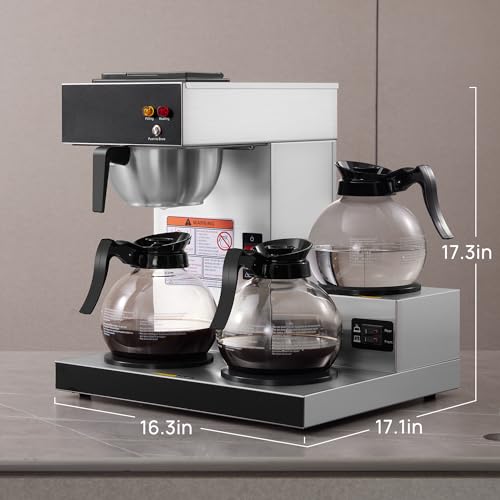 SYBO 12-Cup Commercial Coffee Maker, Pour Over Drip Coffee Maker Brewer with 3 Lower Warmers and 3 Glass Decanters, Stainless Steel Cafetera - My Kitchen Products
