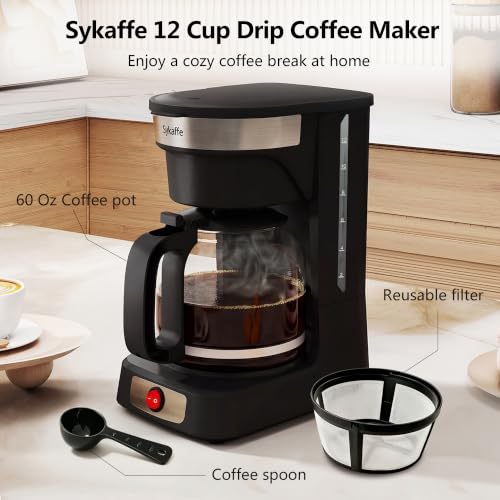 Sykaffe 12-Cup Coffee Maker, Drip Coffee Maker, Reusable Filter, Automatic Keep-Warm & Pause, Easy-View Water Tank, Heat-Resistant Coffee Pot，Coffee maker perfect for family gatherings, black - My Kitchen Products