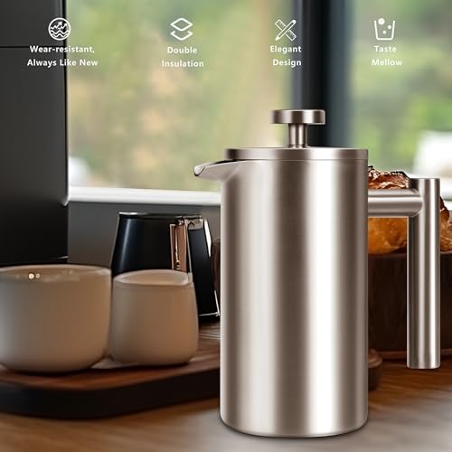 SZHETEFU French Press 34 OZ, Durable Stainless Steel French Press Coffee Maker, Double-Wall Insulated Coffee Presses for Travel Camping Tea, Easy to Use, Dishwasher Safe (Silver Matte) - My Kitchen Products