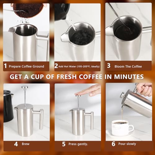 SZHETEFU French Press 34 OZ, Durable Stainless Steel French Press Coffee Maker, Double-Wall Insulated Coffee Presses for Travel Camping Tea, Easy to Use, Dishwasher Safe (Silver Matte) - My Kitchen Products