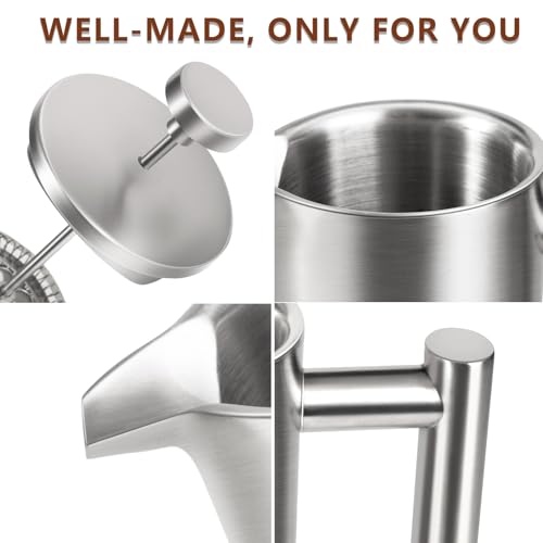 SZHETEFU French Press 34 OZ, Durable Stainless Steel French Press Coffee Maker, Double-Wall Insulated Coffee Presses for Travel Camping Tea, Easy to Use, Dishwasher Safe (Silver Matte) - My Kitchen Products