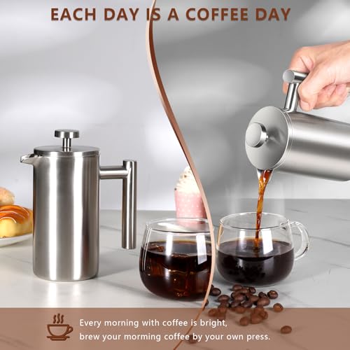 SZHETEFU French Press 34 OZ, Durable Stainless Steel French Press Coffee Maker, Double-Wall Insulated Coffee Presses for Travel Camping Tea, Easy to Use, Dishwasher Safe (Silver Matte) - My Kitchen Products