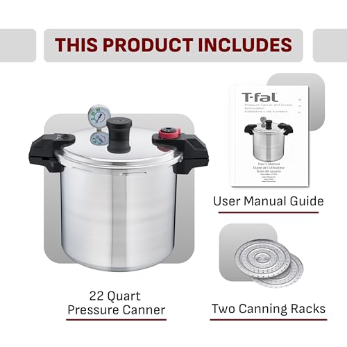 T-fal 22-Quart Aluminum Pressure Canner, 3 PSI Settings, Home Canning, Includes Racks & Canning Guide, Large Capacity, Pressure & Water Bath Canning for Vegetables, Meats, Seafood & Fruits, Silver - My Kitchen Products