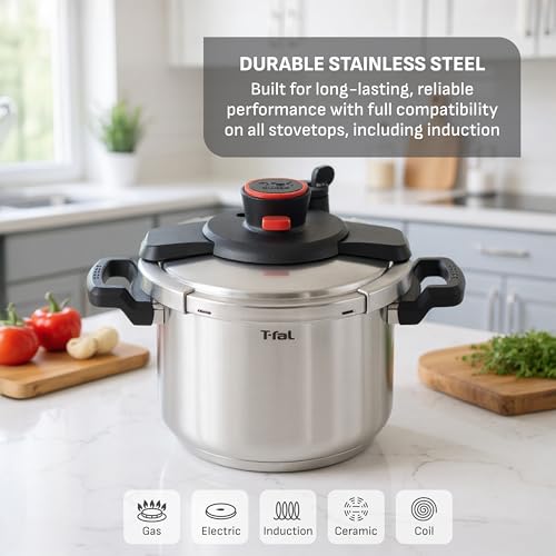 T-fal Clipso Stainless Steel Pressure Cooker, 6.3 Quart, Recipe Book, Steam Basket, Easy-Open Lid, Secure Locking System, Adjustable Pressure Valve, Induction Cookware, Pots and Pans, Kitchen, Silver - My Kitchen Products
