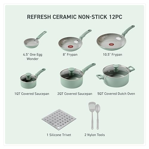 T-Fal Refresh Ceramic Nonstick Cookware Set, Oven Safe Up to 350ºF, 12-Piece, Includes Stockpot, Griddle, Frying Pans, Utensils, Ceramic Pots and Pans Set, Mint Green - My Kitchen Products