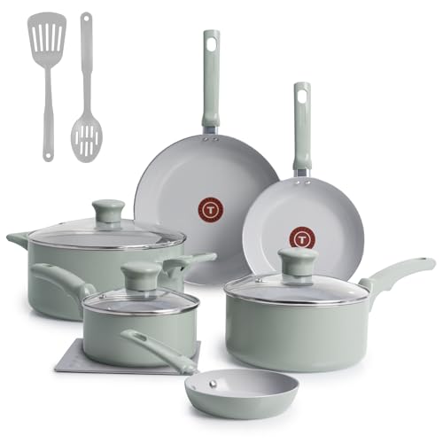 T-Fal Refresh Ceramic Nonstick Cookware Set, Oven Safe Up to 350ºF, 12-Piece, Includes Stockpot, Griddle, Frying Pans, Utensils, Ceramic Pots and Pans Set, Mint Green - My Kitchen Products