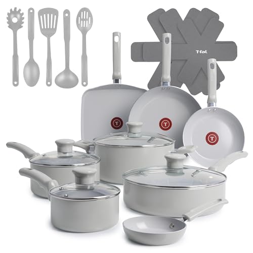 T-Fal Refresh Ceramic Pots and Pans Set, 20-Piece Nonstick Cookware Set, Stockpot, Griddle, Frying Pans, Utensils, Moon Grey - My Kitchen Products
