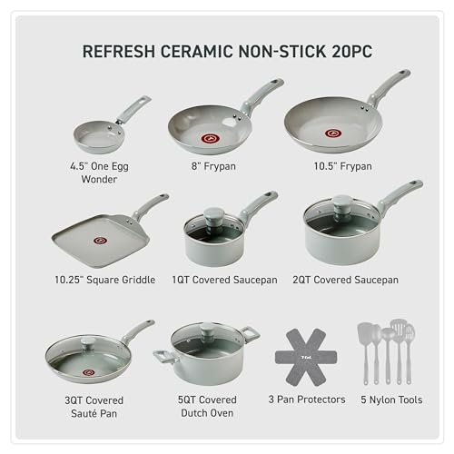 T-Fal Refresh Ceramic Pots and Pans Set, 20-Piece Nonstick Cookware Set, Stockpot, Griddle, Frying Pans, Utensils, Moon Grey - My Kitchen Products