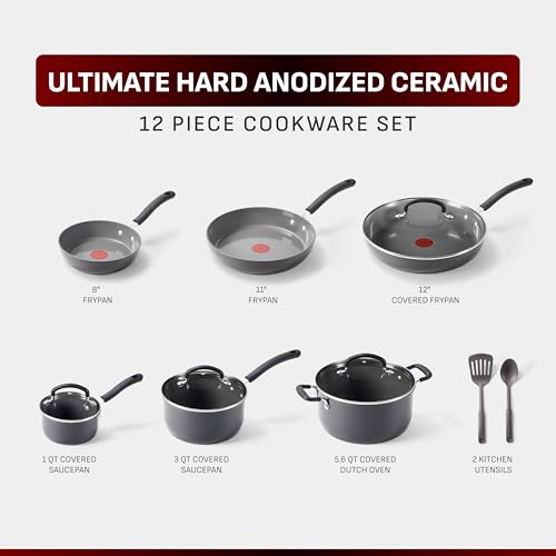 T-Fal Ultimate Hard Anodized 12-Piece Ceramic Nonstick Cookware Set, Oven Safe Up to 400°F, Ceramic Pots and Pans Set, Frying Pans, Saucepan, Stockpot, Cooking Utensils, Stone - My Kitchen Products