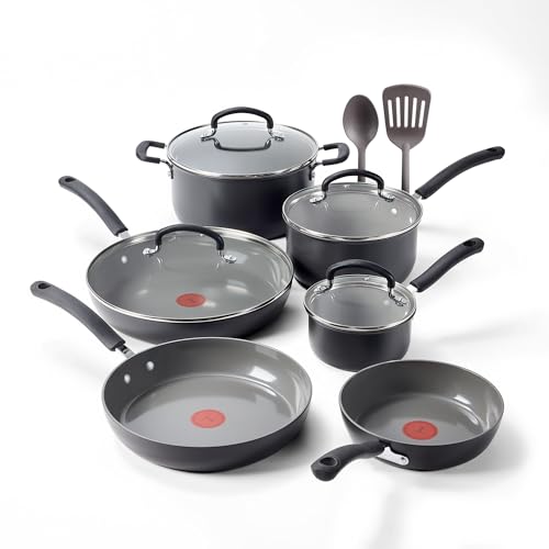 T-Fal Ultimate Hard Anodized 12-Piece Ceramic Nonstick Cookware Set, Oven Safe Up to 400°F, Ceramic Pots and Pans Set, Frying Pans, Saucepan, Stockpot, Cooking Utensils, Stone - My Kitchen Products