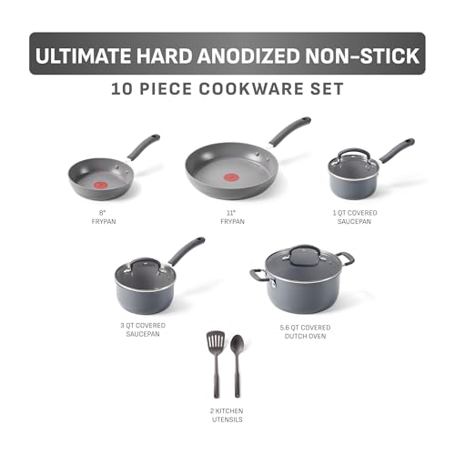 T-Fal Ultimate Hard Anodized Nonstick 10 Piece Cookware Set, Oven Safe Up to 400°F, Dishwasher Safe, Pots and Pans Set, Includes Frying Pans, Saucepan, Stockpot, Cooking Utensils, Stone - My Kitchen Products