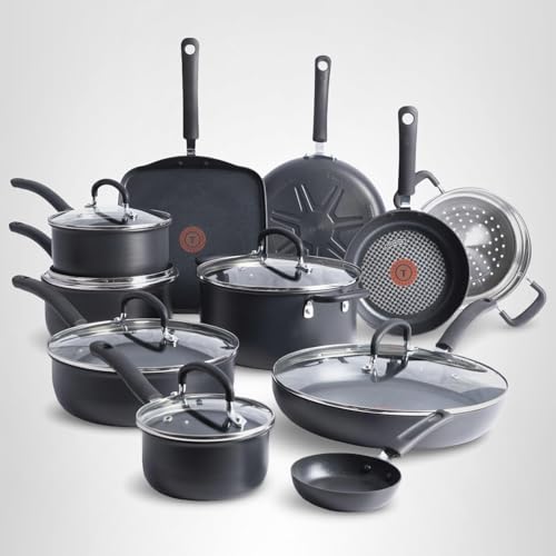 T-Fal Ultimate Hard Anodized Nonstick Pots and Pans Set 17 Piece, Nonstick Cookware Set with Fry Pan, Saucepans, Saute-Pan, Griddle, Dishwasher Safe, Onyx - My Kitchen Products