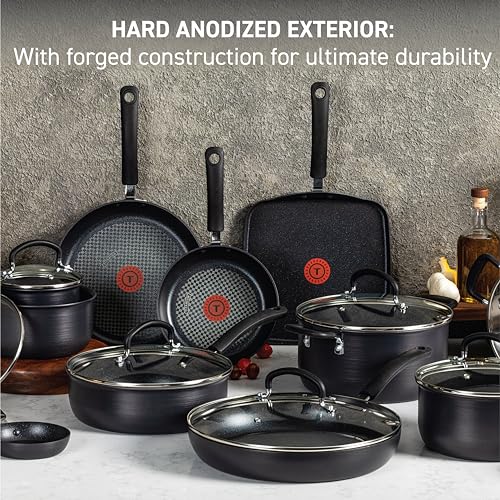 T-Fal Ultimate Hard Anodized Nonstick Pots and Pans Set 17 Piece, Nonstick Cookware Set with Fry Pan, Saucepans, Saute-Pan, Griddle, Dishwasher Safe, Onyx - My Kitchen Products