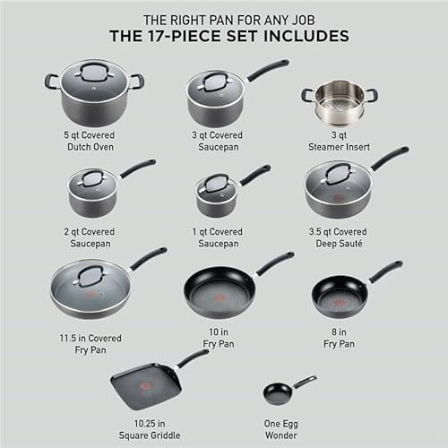 T-Fal Ultimate Hard Anodized Nonstick Pots and Pans Set 17 Piece, Nonstick Cookware Set with Fry Pan, Saucepans, Saute-Pan, Griddle, Dishwasher Safe, Onyx - My Kitchen Products