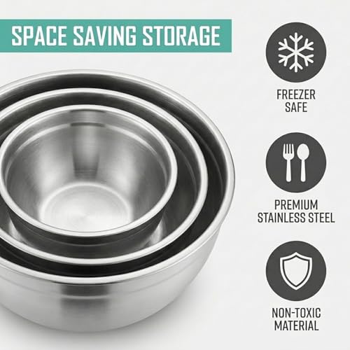 Table Concept Mixing Bowls with Airtight Lids, Stainless Steel Nesting Bowl Set for Space Saving Storage, Ideal for Cooking, Baking, Prepping & Food Storage - My Kitchen Products