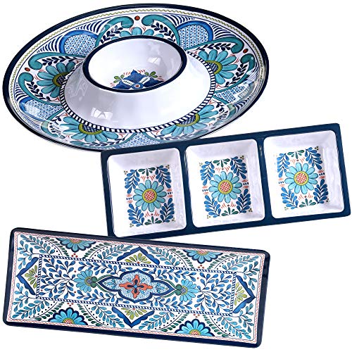 Talavera 3-Piece Melamine Hostess Serveware Set, Chip & Dip Server, 3-Section Relish Tray, and 19" Rectangular