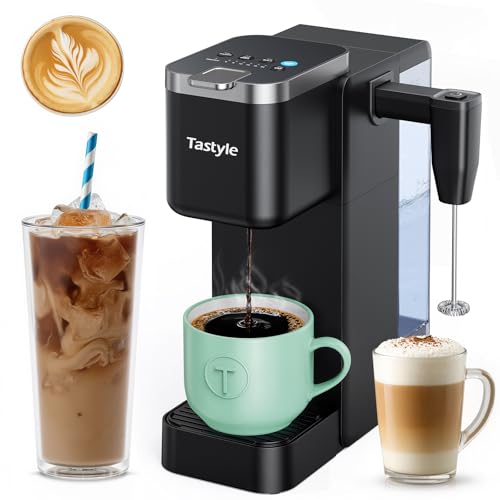 Tastyle 330MF Single Serve Coffee Maker with Built-in Detachable Milk Frother, Iced and Hot Coffee Machine for K Cup & Grounds, 40oz Removable Water Reservoir, 6 Cup Sizes, Fits 7.3" Travel Mug, Black - My Kitchen Products