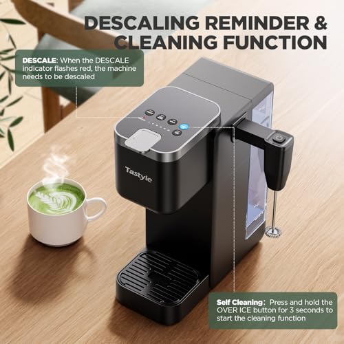 Tastyle 330MF Single Serve Coffee Maker with Built-in Detachable Milk Frother, Iced and Hot Coffee Machine for K Cup & Grounds, 40oz Removable Water Reservoir, 6 Cup Sizes, Fits 7.3" Travel Mug, Black - My Kitchen Products
