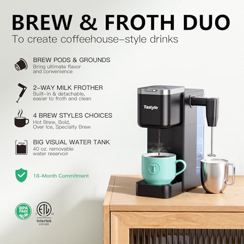 Tastyle 330MF Single Serve Coffee Maker with Built-in Detachable Milk Frother, Iced and Hot Coffee Machine for K Cup & Grounds, 40oz Removable Water Reservoir, 6 Cup Sizes, Fits 7.3" Travel Mug, Black - My Kitchen Products