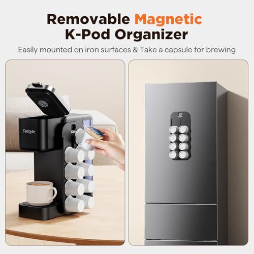 Tastyle Hot & Iced Coffee Maker with Magnetic K-Pod Organizer (Pods Not Included), Stores 10 Pods, 4-5 Cups Coffee Maker & Single-serve Brewer for K Cup & Grounds, 40oz Removable Water Tank, Black - My Kitchen Products