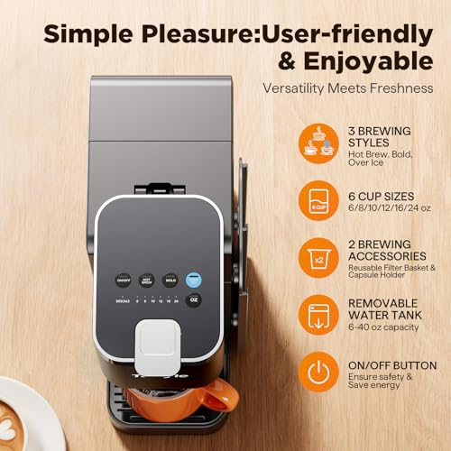 Tastyle Hot & Iced Coffee Maker with Magnetic K-Pod Organizer (Pods Not Included), Stores 10 Pods, 4-5 Cups Coffee Maker & Single-serve Brewer for K Cup & Grounds, 40oz Removable Water Tank, Black - My Kitchen Products