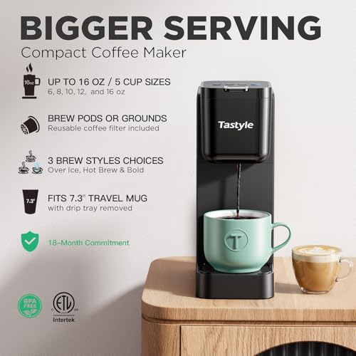Tastyle Single Serve Coffee Maker for K Cup and Ground Coffee | Brew up to 16 Oz, Fits 7.3'' Travel Mug | Hot, Bold & Over Ice | Compact for Office, RV& Hotel, Classic Black (3.0 Version) - My Kitchen Products
