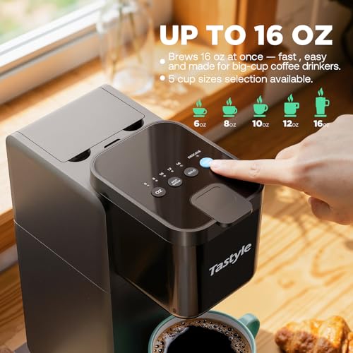 Tastyle Single Serve Coffee Maker for K Cup and Ground Coffee | Brew up to 16 Oz, Fits 7.3'' Travel Mug | Hot, Bold & Over Ice | Compact for Office, RV& Hotel, Classic Black (3.0 Version) - My Kitchen Products