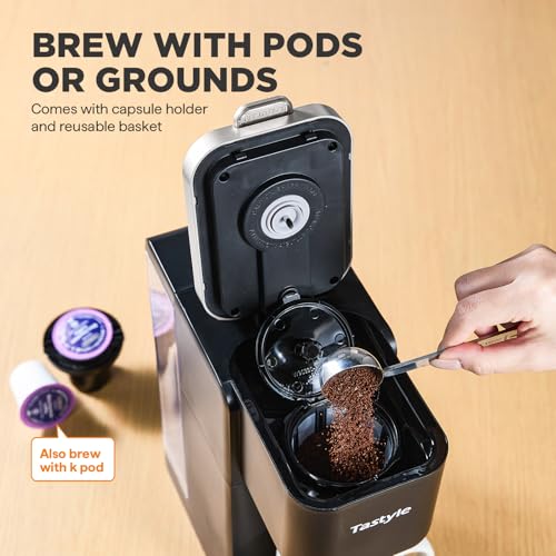 Tastyle Single Serve Coffee Maker, Iced and Hot Coffee Machine for K Cup & Grounds, Compact Design, 40oz Removable Water Reservoir, 6 to 24 Oz Brew Sizes, Fits 7.3" Travel Mug, Black - My Kitchen Products