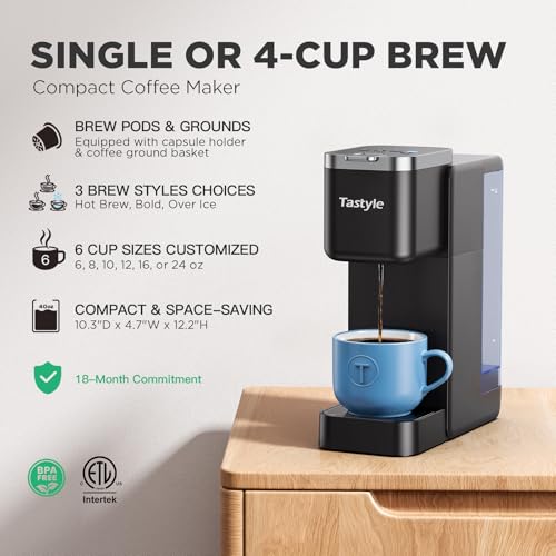 Tastyle Single Serve Coffee Maker, Iced and Hot Coffee Machine for K Cup & Grounds, Compact Design, 40oz Removable Water Reservoir, 6 to 24 Oz Brew Sizes, Fits 7.3" Travel Mug, Black - My Kitchen Products