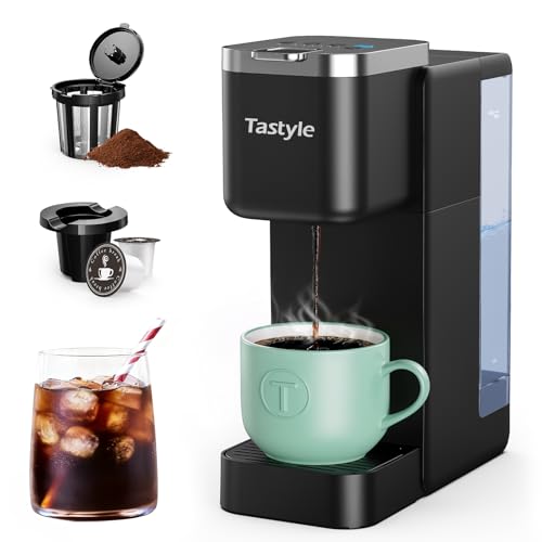 Tastyle Single Serve Coffee Maker, Iced and Hot Coffee Machine for K Cup & Grounds, Compact Design, 40oz Removable Water Reservoir, 6 to 24 Oz Brew Sizes, Fits 7.3" Travel Mug, Black - My Kitchen Products