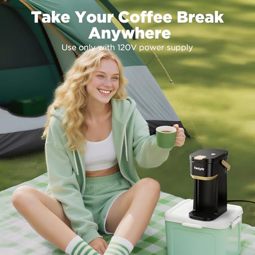Tastyle Single Serve One Cup Coffee Maker, for K Cups and Grounds, Mini Coffee Maker with Portable Handle, 6 to 12 Oz Brew Size, for Travel, Camping, Office, RV and Dorm, 120V, Black and Gold - My Kitchen Products
