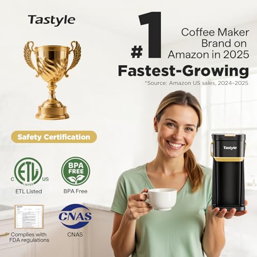 Tastyle Single Serve One Cup Coffee Maker, for K Cups and Grounds, Mini Coffee Maker with Portable Handle, 6 to 12 Oz Brew Size, for Travel, Camping, Office, RV and Dorm, 120V, Black and Gold - My Kitchen Products