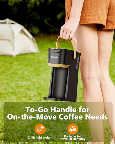 Tastyle Single Serve One Cup Coffee Maker, for K Cups and Grounds, Mini Coffee Maker with Portable Handle, 6 to 12 Oz Brew Size, for Travel, Camping, Office, RV and Dorm, 120V, Black and Gold - My Kitchen Products