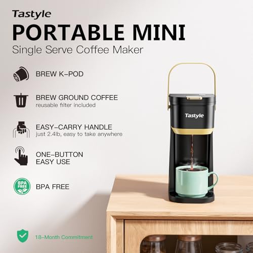 Tastyle Single Serve One Cup Coffee Maker, for K Cups and Grounds, Mini Coffee Maker with Portable Handle, 6 to 12 Oz Brew Size, for Travel, Camping, Office, RV and Dorm, 120V, Black and Gold - My Kitchen Products