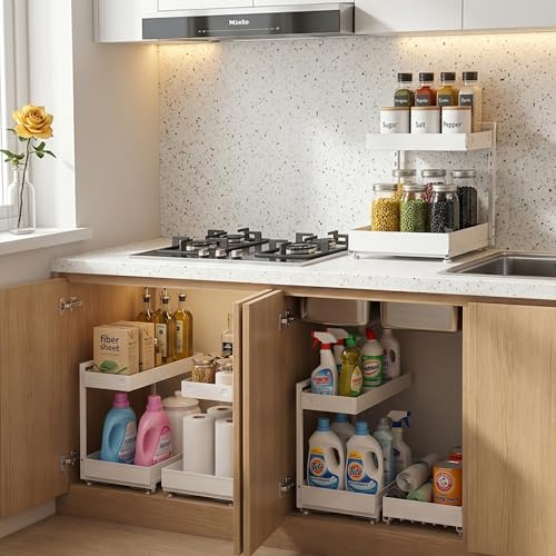 TATAANTY Under Sink Organizer 2 Pack, 2 Tier Metal Under the Sink Storage, Heavy Duty Slide out Pull out Cabinet Organizer, Height Adjustable for Kitchen Bathroom Pantry Closet Organization Rack - My Kitchen Products