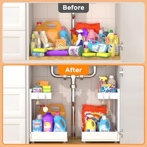 TATAANTY Under Sink Organizer 2 Pack, 2 Tier Metal Under the Sink Storage, Heavy Duty Slide out Pull out Cabinet Organizer, Height Adjustable for Kitchen Bathroom Pantry Closet Organization Rack - My Kitchen Products