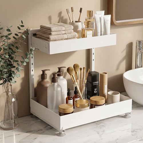 TATAANTY Under Sink Organizer 2 Pack, 2 Tier Metal Under the Sink Storage, Heavy Duty Slide out Pull out Cabinet Organizer, Height Adjustable for Kitchen Bathroom Pantry Closet Organization Rack - My Kitchen Products