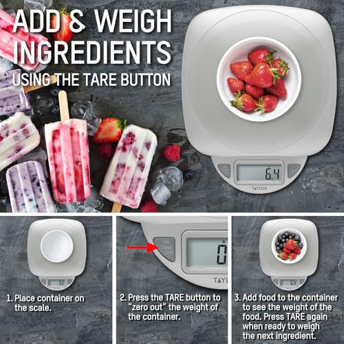 Taylor 11LB Capacity Digital Glass Top Kitchen Scale with LCD Display, Weight in Grams and Ounces for Baking, Cooking, and Meal Prep, Silver - My Kitchen Products