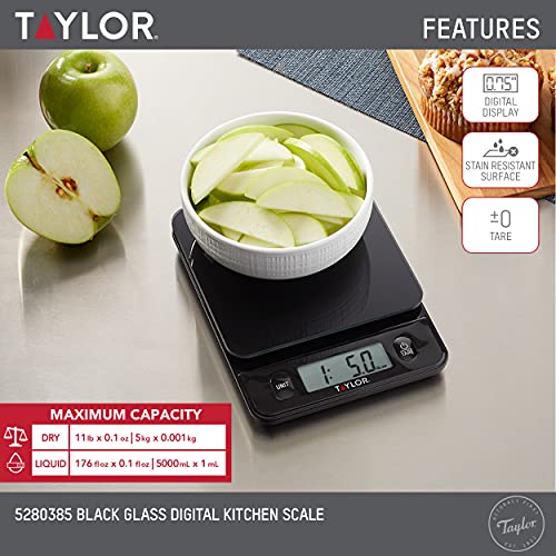 Taylor Glass Top Food Scale with Touch Controls, 11 lb Capacity, Sleek Black Design for Precision Food Measurement in Grams and Ounces - My Kitchen Products