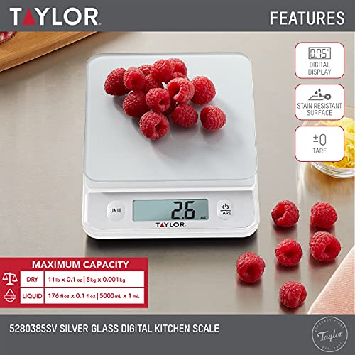 Taylor Glass Top Food Scale with Touch Controls, 11 lb Capacity, Sleek Silver Design, Accurate and Easy-to-Use Scale for Cooking and Baking - My Kitchen Products