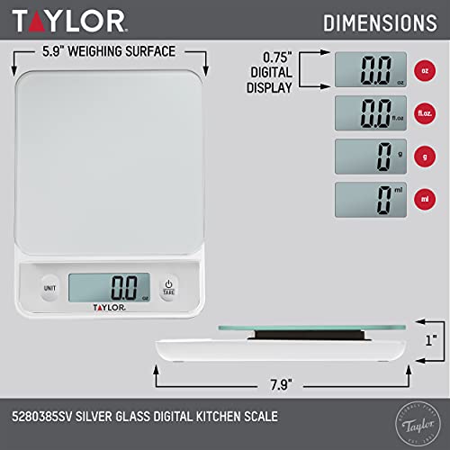 Taylor Glass Top Food Scale with Touch Controls, 11 lb Capacity, Sleek Silver Design, Accurate and Easy-to-Use Scale for Cooking and Baking - My Kitchen Products