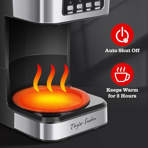 Taylor Swoden 12-Cup Programmable Coffee Maker, Regular & Strong Brew Drip Coffee Machine for Home and Office, Glass Carafe, Pause & Serve, Auto Shut Off, Black & Stainless Steel - My Kitchen Products