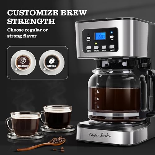 Taylor Swoden 12-Cup Programmable Coffee Maker, Regular & Strong Brew Drip Coffee Machine for Home and Office, Glass Carafe, Pause & Serve, Auto Shut Off, Black & Stainless Steel - My Kitchen Products