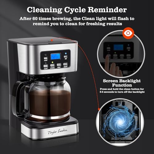 Taylor Swoden 12-Cup Programmable Coffee Maker, Regular & Strong Brew Drip Coffee Machine for Home and Office, Glass Carafe, Pause & Serve, Auto Shut Off, Black & Stainless Steel - My Kitchen Products