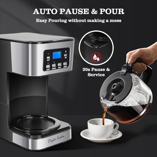 Taylor Swoden 12-Cup Programmable Coffee Maker, Regular & Strong Brew Drip Coffee Machine for Home and Office, Glass Carafe, Pause & Serve, Auto Shut Off, Black & Stainless Steel - My Kitchen Products