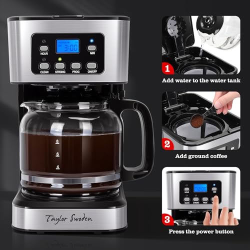 Taylor Swoden 12-Cup Programmable Coffee Maker, Regular & Strong Brew Drip Coffee Machine for Home and Office, Glass Carafe, Pause & Serve, Auto Shut Off, Black & Stainless Steel - My Kitchen Products