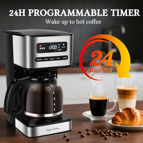 Taylor Swoden Programmable Coffee Makers 12 Cup, Hot and Iced Coffee Maker, 4 Brew Strength, LED Display, 24H Timer, Keep Warm&Auto Shutoff- Drip Coffee Machine for Home/Office, Black &Stainless Steel - My Kitchen Products