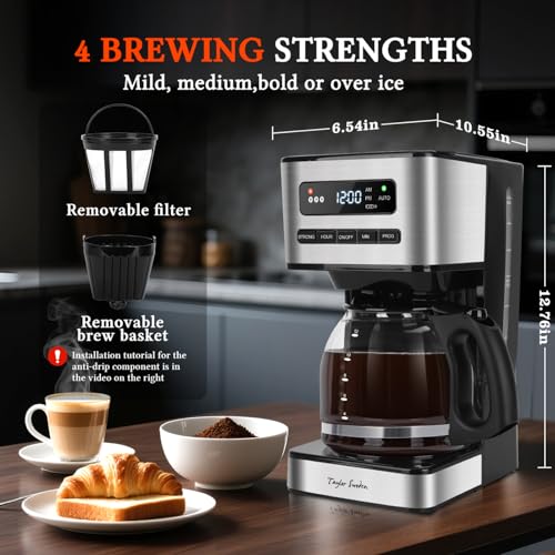 Taylor Swoden Programmable Coffee Makers 12 Cup, Hot and Iced Coffee Maker, 4 Brew Strength, LED Display, 24H Timer, Keep Warm&Auto Shutoff- Drip Coffee Machine for Home/Office, Black &Stainless Steel - My Kitchen Products