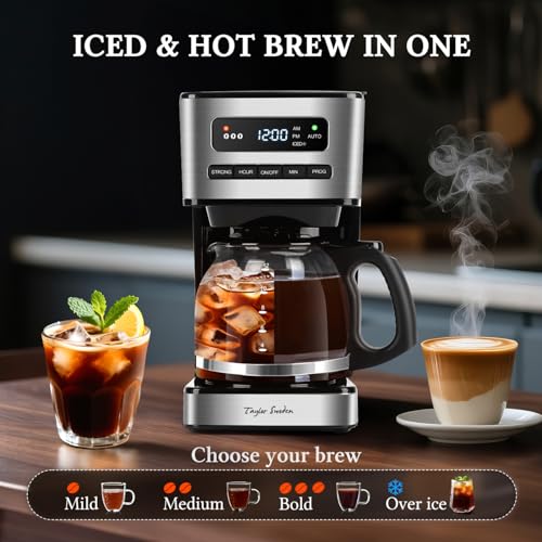 Taylor Swoden Programmable Coffee Makers 12 Cup, Hot and Iced Coffee Maker, 4 Brew Strength, LED Display, 24H Timer, Keep Warm&Auto Shutoff- Drip Coffee Machine for Home/Office, Black &Stainless Steel - My Kitchen Products